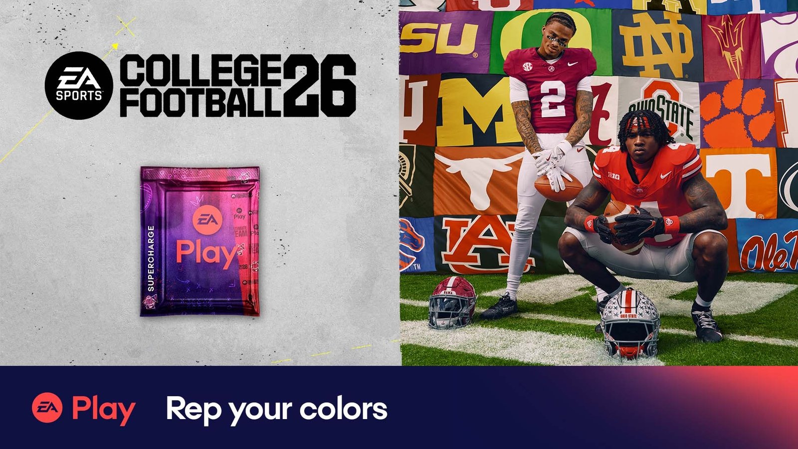 EA Play ir College Football 26 vizualas, akcentuojantis prieigos datą